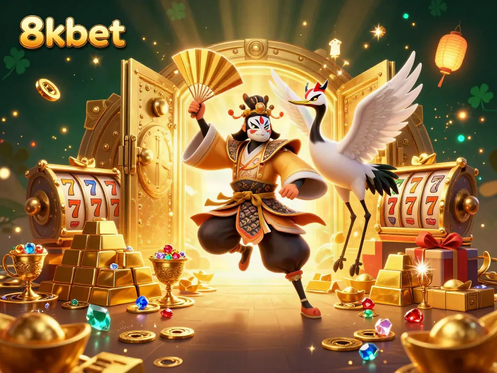 Engage with the dynamic 8kbet scene featuring a kabuki warrior, treasures, and a vibrant casino atmosphere.