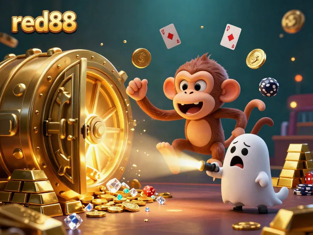 Engage with the captivating world of red88 as a mischievous monkey juggles casino treasures in a haunted gaming scene.