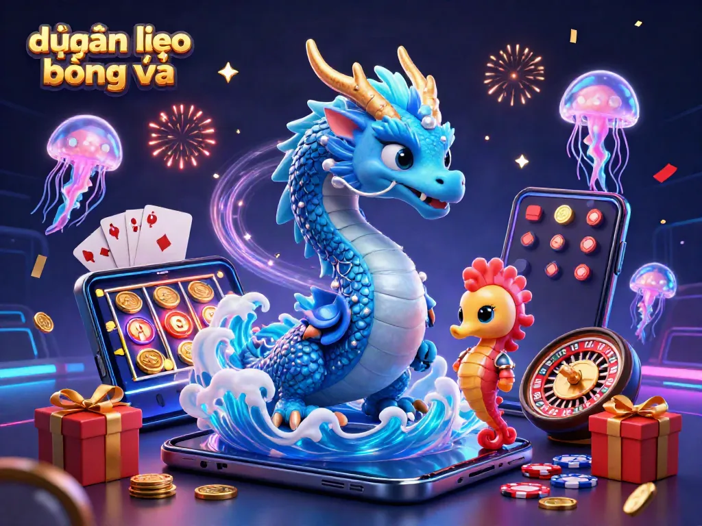 Engaging scene depicting dự đoán kèo bóng đá with a dynamic 3D dragon, seahorse knight, and colorful gaming elements.
