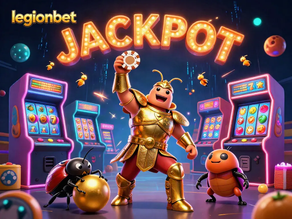 Celebrate wins at legionbet with a heroic beetle character amidst casino-themed elements.