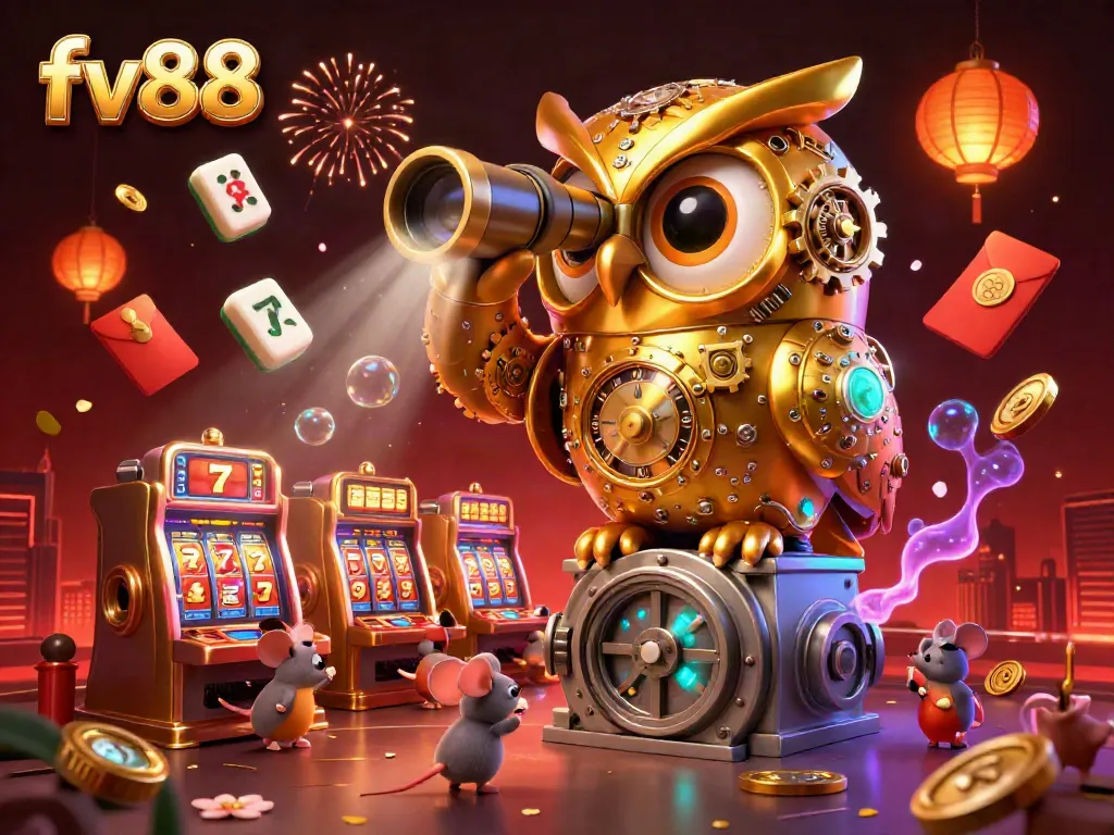 Experience thrilling moments at fv88 casino with a lively 3D illustration showcasing vibrant slot machines and a golden owl.