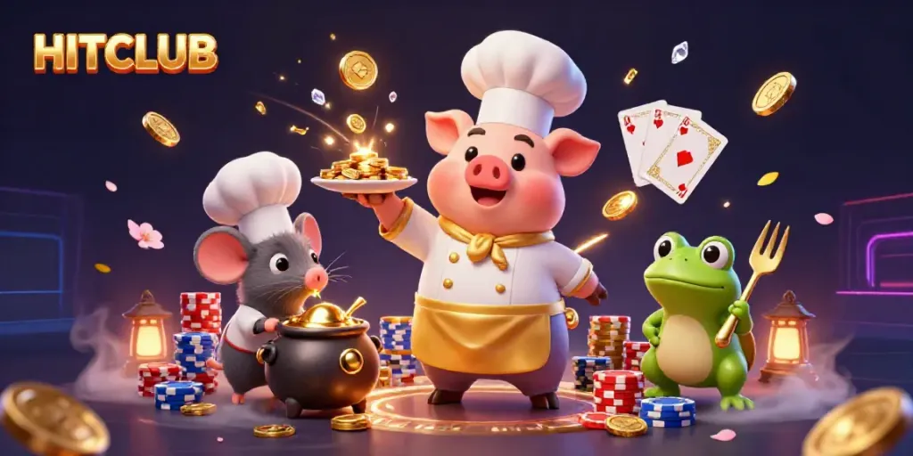 Experience the excitement of HITCLUB with enchanting characters, gold coins, and casino elements in a vibrant scene.