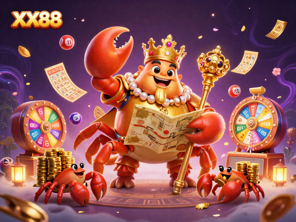 Experience the vibrant gameplay at XX88, featuring a golden crab emperor amidst dynamic lottery elements.