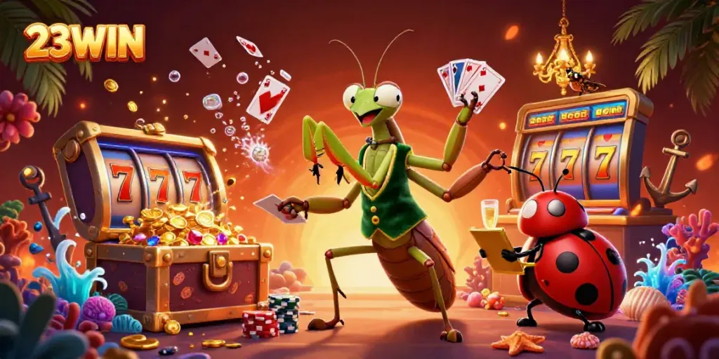 Experience thrilling gambling action with 23WIN, featuring vibrant characters and exciting gaming elements.
