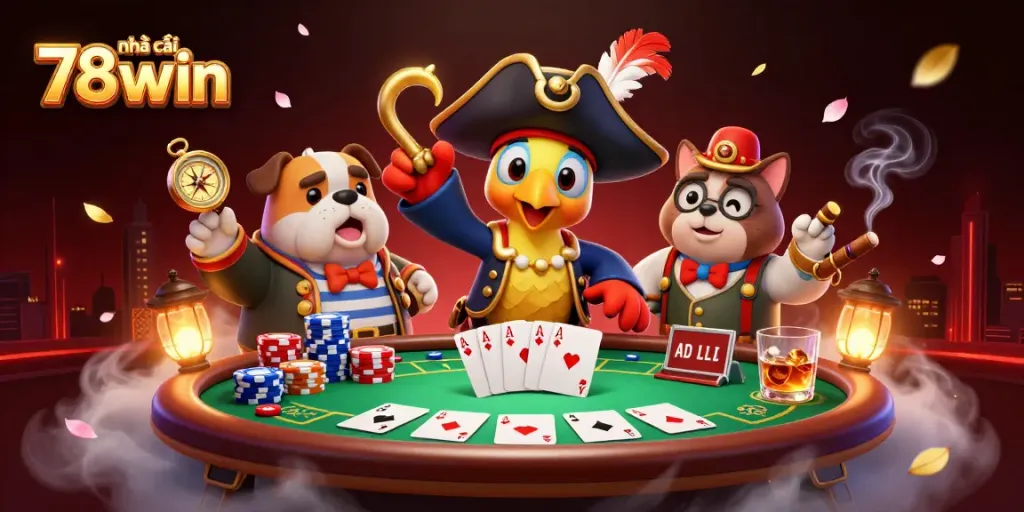 Engage with the thrill at nhà cái 78win, featuring pirate characters and poker elements in an exciting casino scene.
