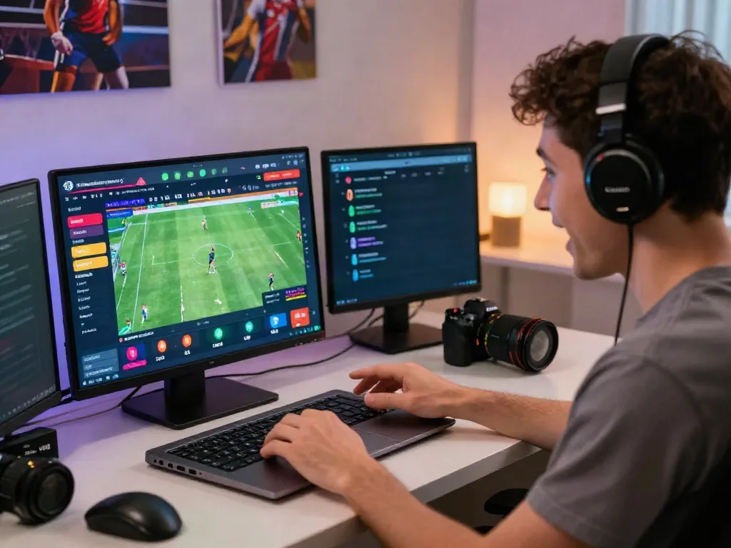 Engaged user enjoying online betting at https://zbet.cymru/ with vibrant interface and sports graphics.