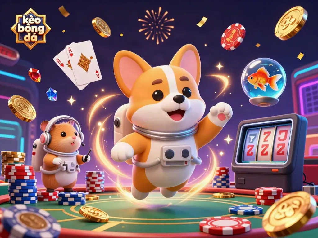 Experience kèo bóng đá excitement with floating casino elements in a vibrant 3D illustration.