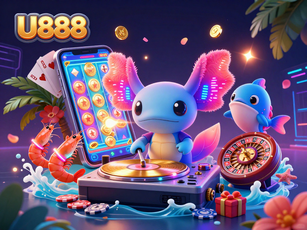 Experience U888's vibrant underwater casino scene with a neon axolotl DJ and energetic characters.