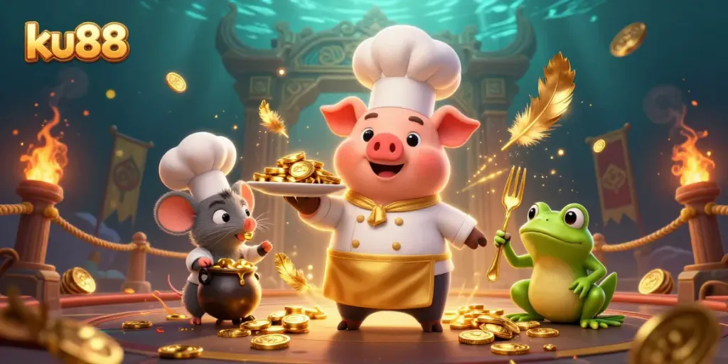 Engage in adventure at ku88, where the chef pig serves golden rewards in a vibrant gaming atmosphere.