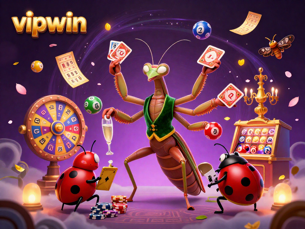Experience the excitement of gambling at vipwin, featuring a dynamic casino scene with colorful lottery balls and lively characters.