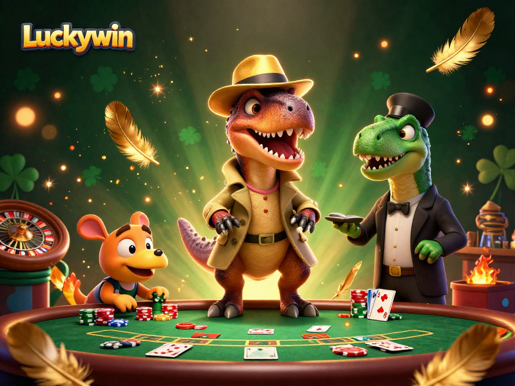 Experience vibrant casino action with Luckywin’s animated velociraptor card counter and playful characters.