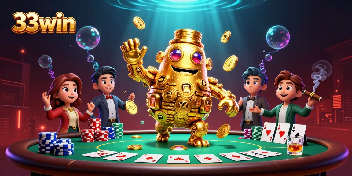 Win big with 33win at a vibrant casino scene filled with coins and poker excitement.