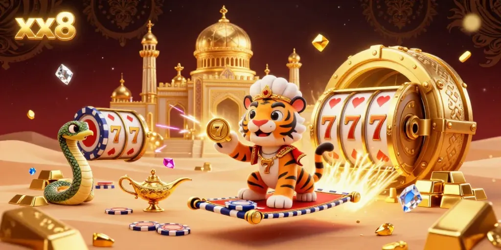 Experience the excitement of xx8 with a 3D cartoon tiger sultan and dynamic jackpot elements.