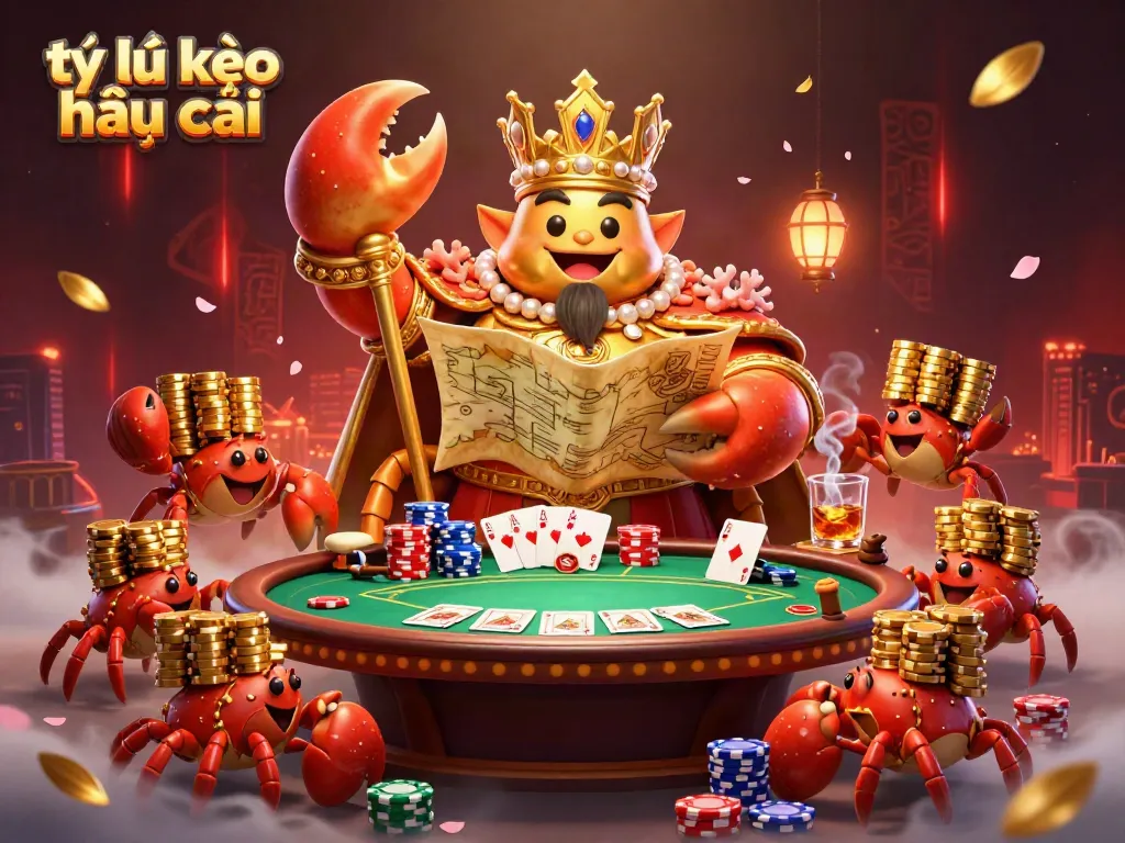 Experience the excitement of tỷ lệ kèo nhà cái with a vibrant 3D illustration featuring a golden crab emperor and poker elements.