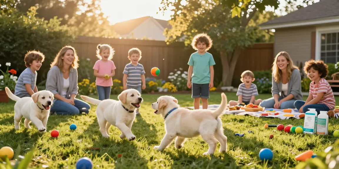 Family playing with happy puppies from an ethical lab breeder in a sunlit backyard.