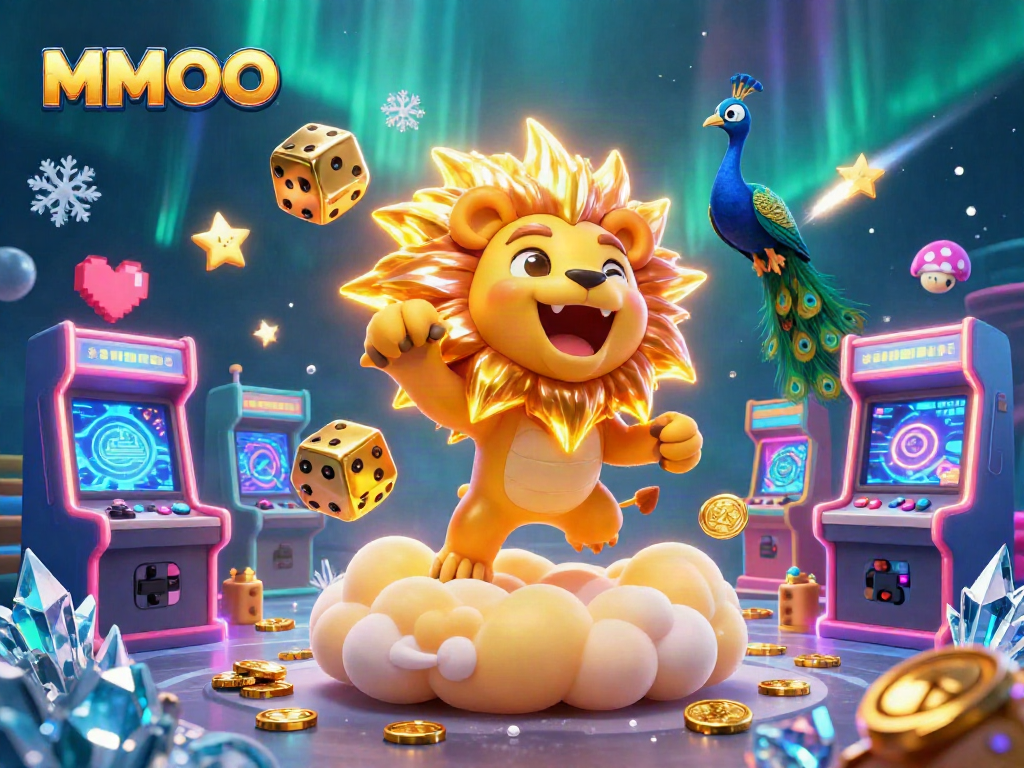 Experience MMOO thrills with a vibrant 3D casino scene featuring a roaring lion and dazzling gaming elements.
