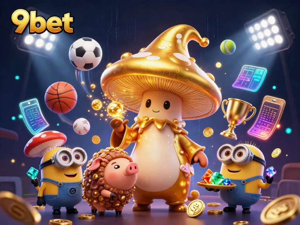 Engage with 9bet's vibrant 3D scene featuring a magical wizard, pig familiar, and sports elements.