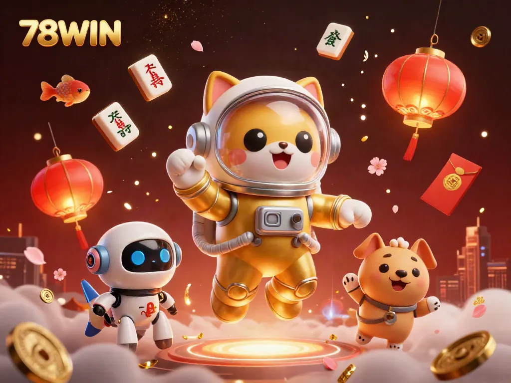Experience the exciting adventures of 78WIN with a charming astronaut cat and its robot dog companion in a vibrant casino-themed universe.