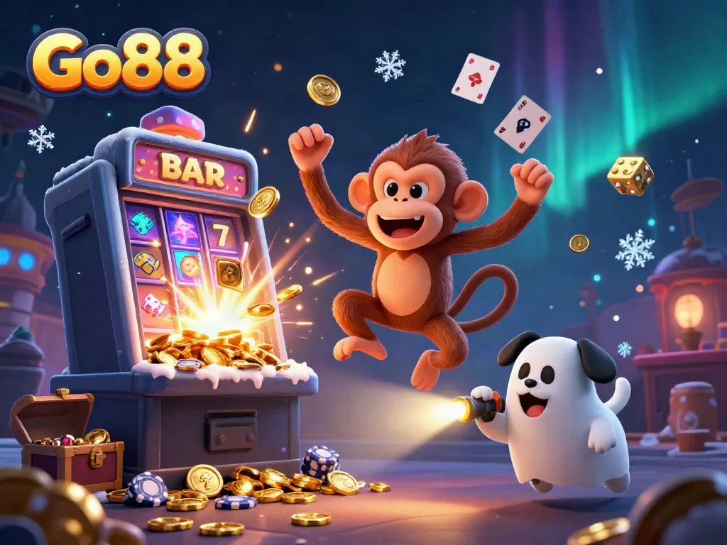 Experience Go88's magical casino world with a playful poltergeist monkey and a curious puppy in thrilling action.