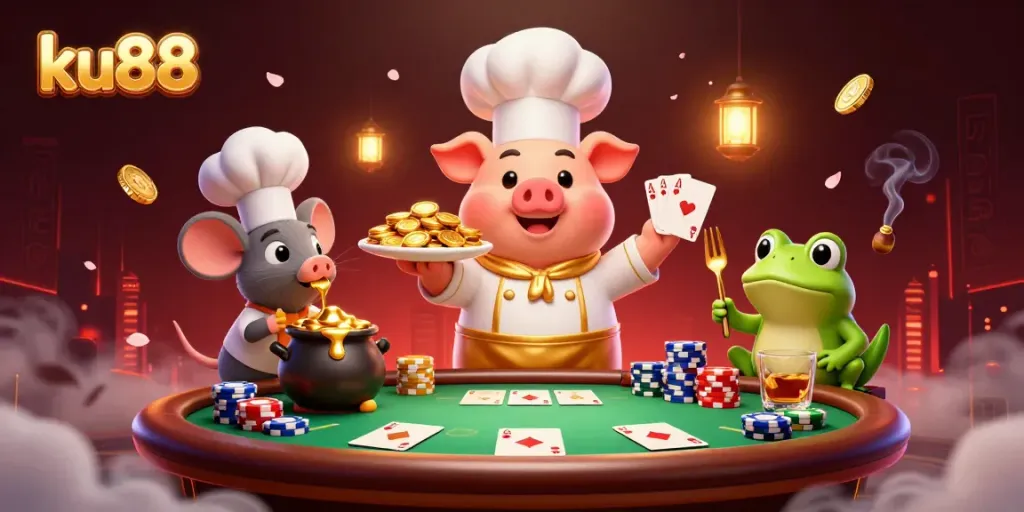Bet at ku88 with a vibrant scene of a chef pig and friends amid casino-themed elements.