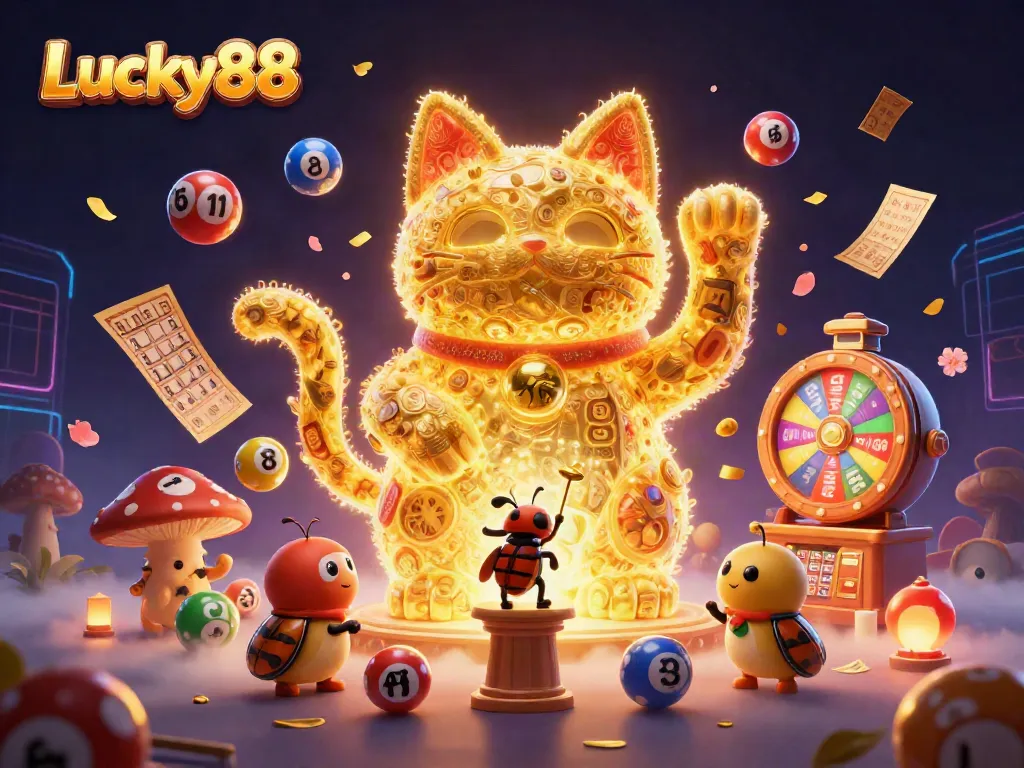 Engage with Lucky88 as golden fireflies create a lucky cat surrounded by dynamic casino elements and lottery prizes.