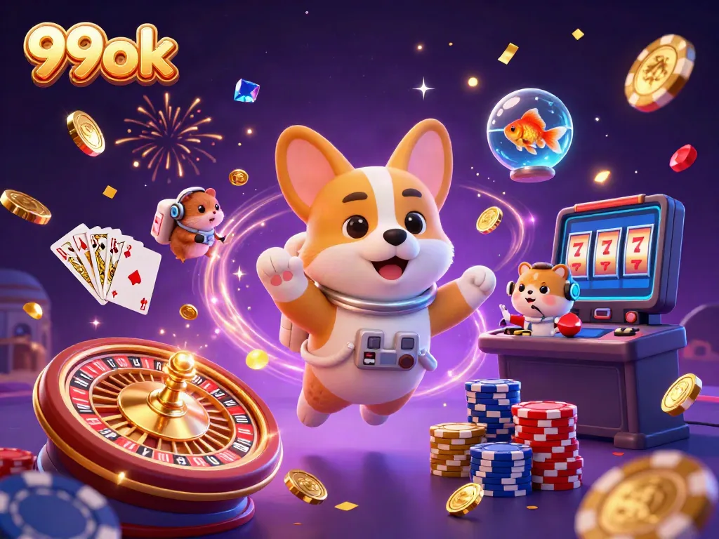 Engage in thrilling games with 99ok's exciting casino atmosphere featuring a floating corgi, coins, and roulette.