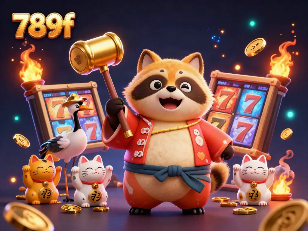 Experience thrilling slots and jackpots with 789f featuring a cheerful tanuki in a festive scene.