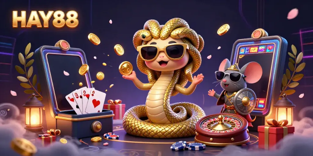 Engage with HAY88 in a vibrant 3D casino scene featuring Medusa and a warrior mouse surrounded by exciting slot game elements.