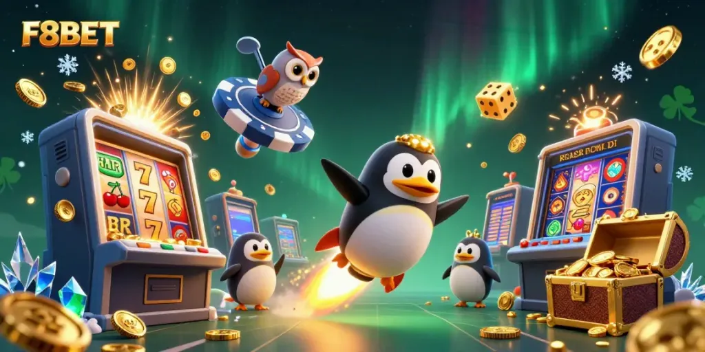 Engage with F8BET's exciting gambling universe highlighted by a golden penguin and slot machine explosions.