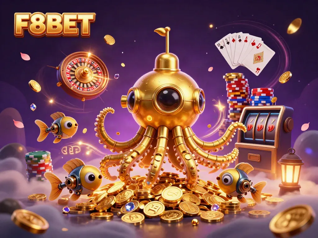 F8BET offers thrilling underwater gaming excitement with a golden kraken submarine amid riches.