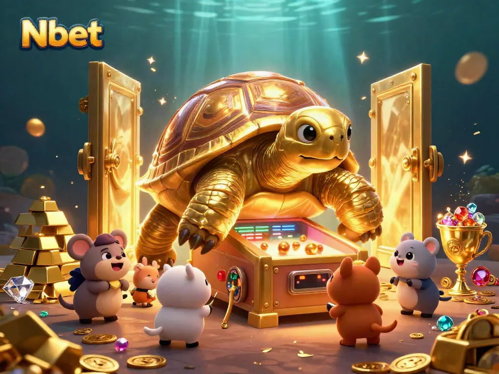 Nbet showcases thrilling gaming excitement with a golden tortoise pinball machine inside a treasure vault.