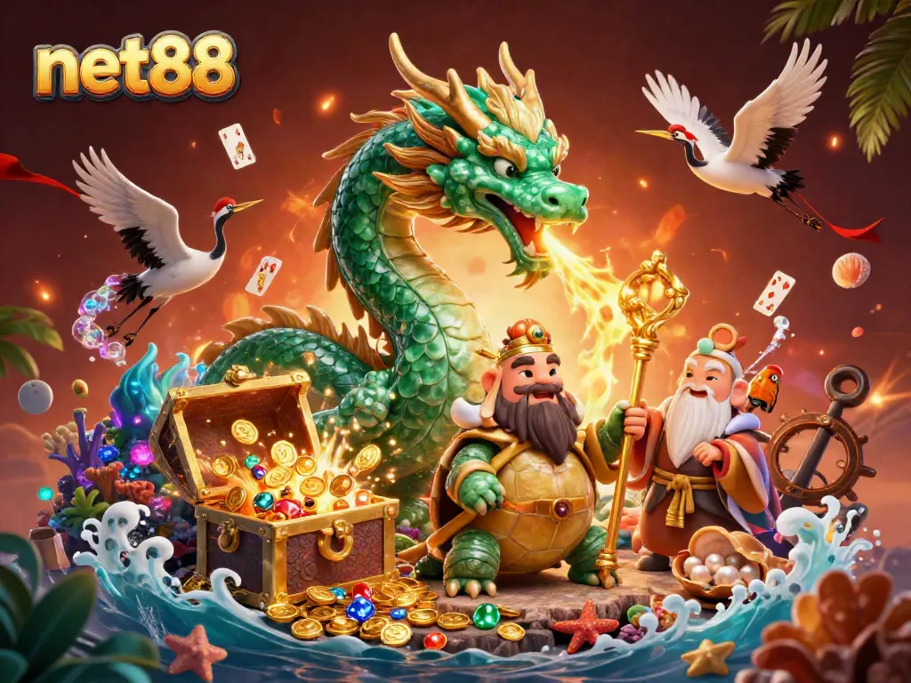 Experience the vibrant world of net88 with a dynamic casino scene featuring a jade dragon, turtle sage, and lucky cranes.