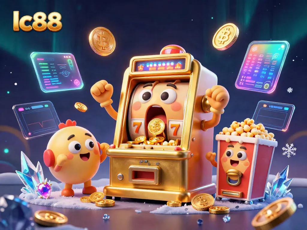 Experience excitement with lc88 as a cartoon slot machine hits a jackpot, surrounded by lively game elements.