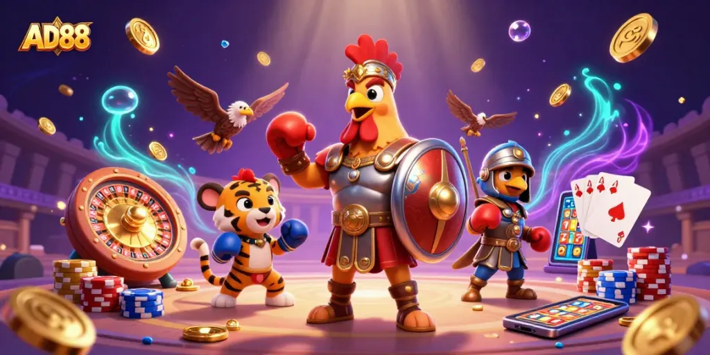 AD88 casino scene with 3D characters and dynamic gambling elements creating thrilling action.