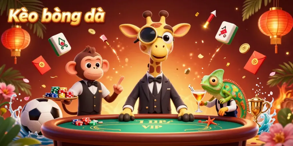 Bet on Kèo bóng đá with dynamic sports betting scene featuring a giraffe and a monkey.