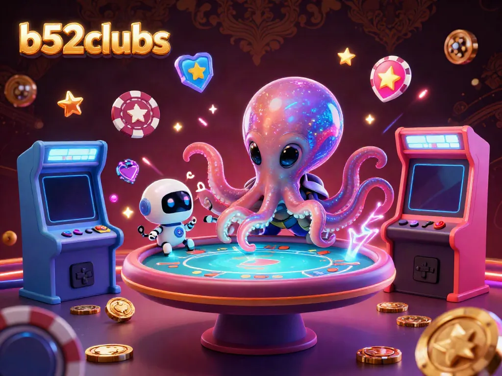 Experience vibrant gaming action with b52clubs as an alien octopus handles a holographic poker table.