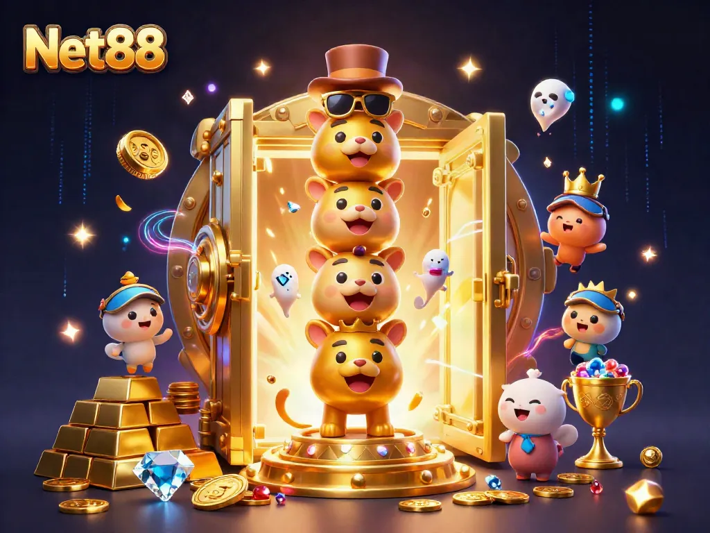 Engage with Net88 as the totem pole celebrates casino excitement amidst a treasure-filled backdrop.