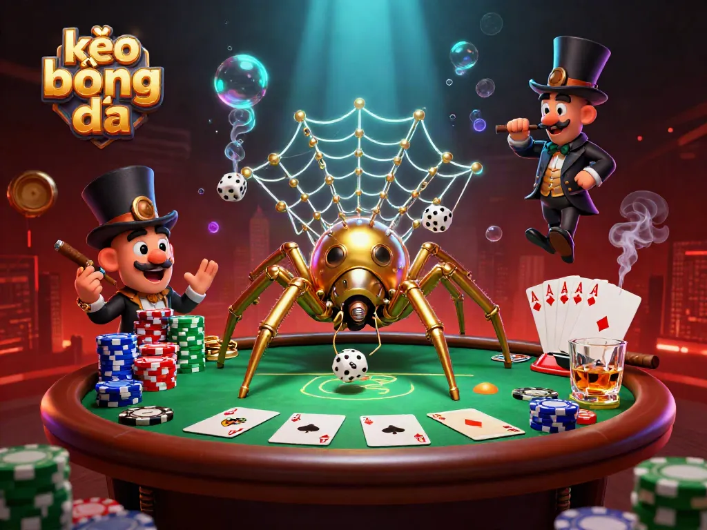 Engage in kèo bóng đá with the dynamic scene of a golden spider and poker elements.