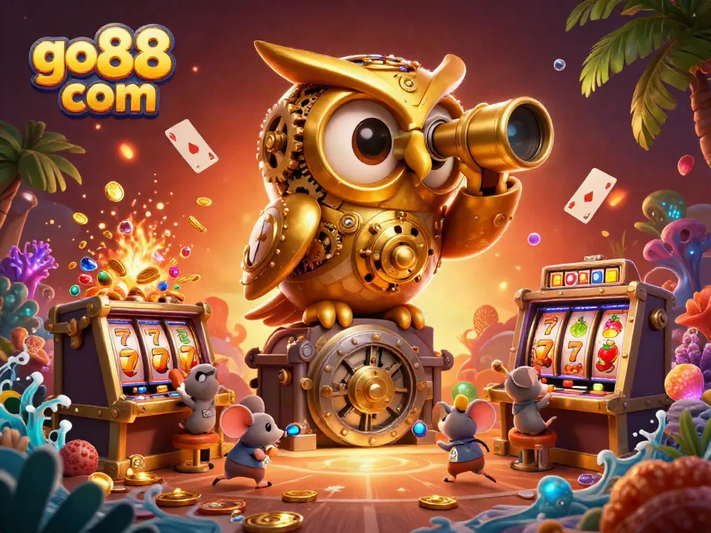 Spin and win at go 88 com, featuring a golden owl and whimsical casino elements.