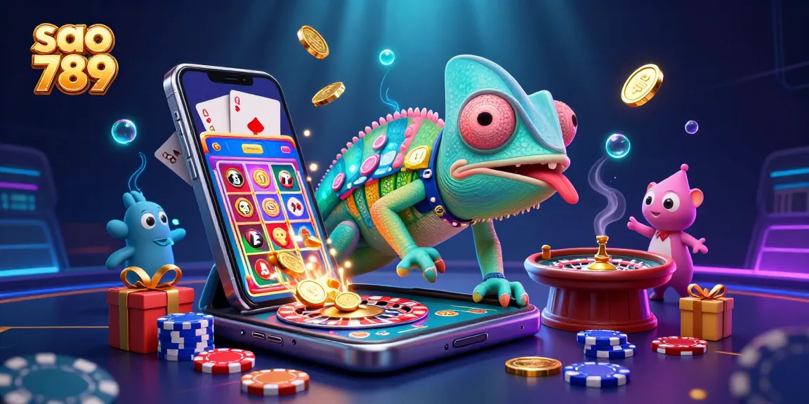 Sao 789 casino chameleon owner surrounded by vibrant gaming elements, showcasing thrilling online gaming.