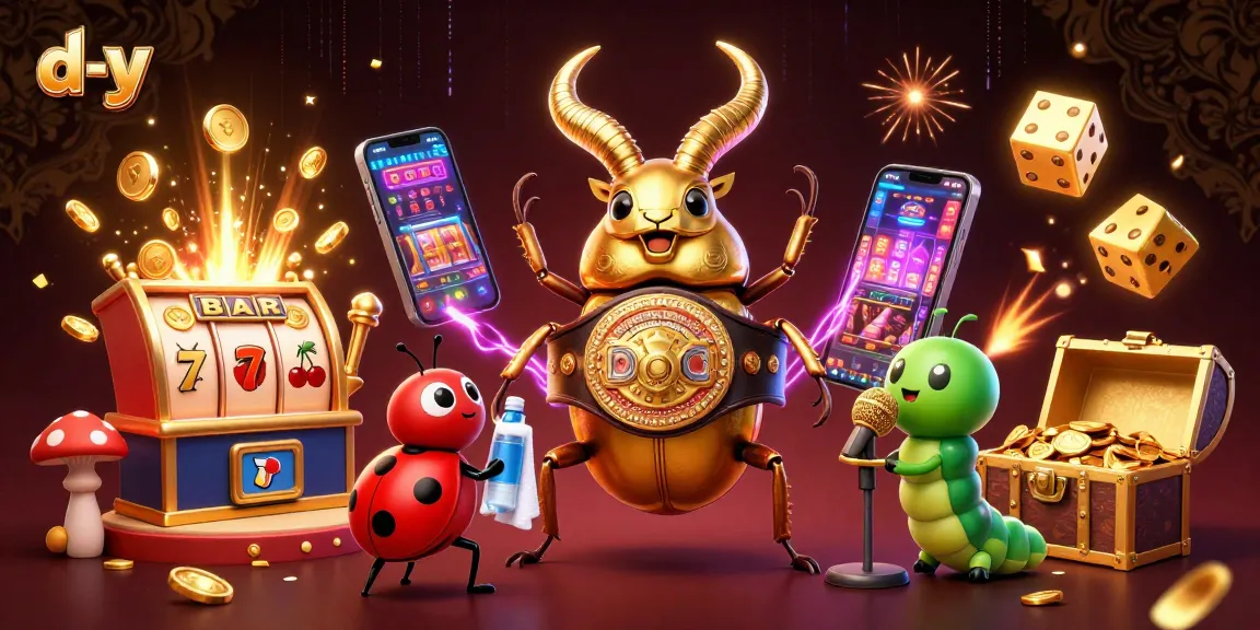 Experience d-y's vibrant casino energy with giant beetle champions and dynamic slot machines in action.