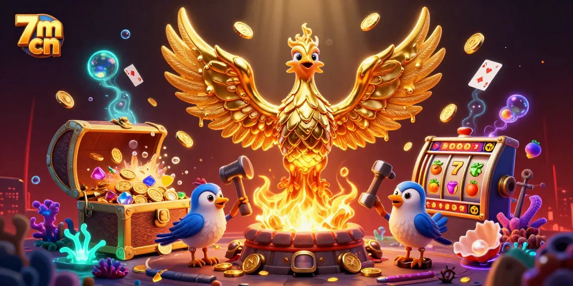 Spin jackpots with 7m cn's molten phoenix and vibrant slot elements in a lively casino scene.