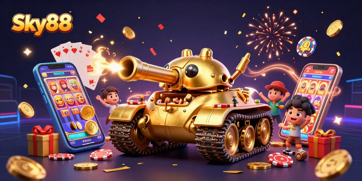 Sky88 showcases a vibrant 3D casino scene with a golden beetle tank, games, and confetti.