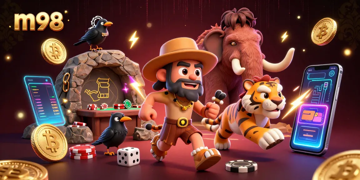 Experience thrilling gameplay at m98 casino with a vibrant cartoon scene featuring unique characters.