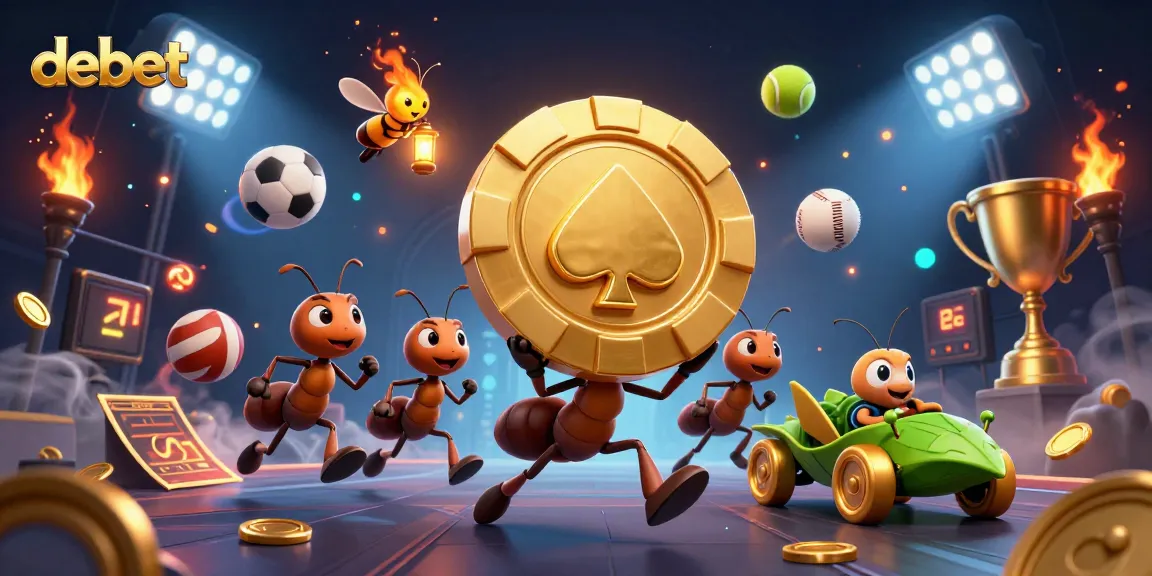 Experience debet excitement as cartoon ants dash to secure a giant poker chip amidst a flurry of sports-themed elements.