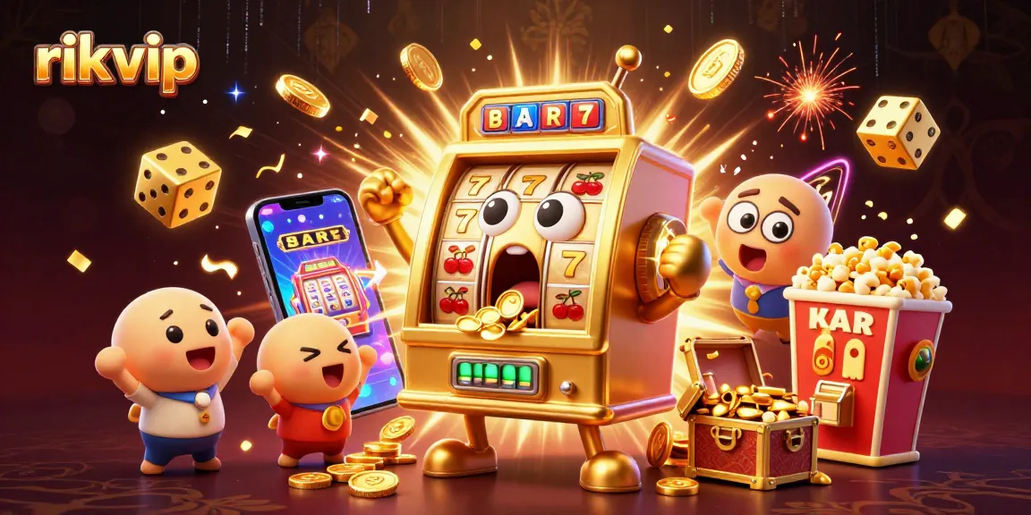 Experience thrilling wins with the rikvip golden slot machine amidst an explosion of coins and vibrant casino elements.