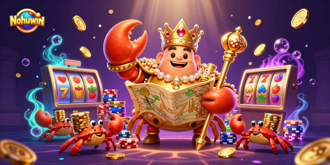 Nohuwin showcases a vibrant scene with a golden crab emperor amid cascading coins and slot machines.