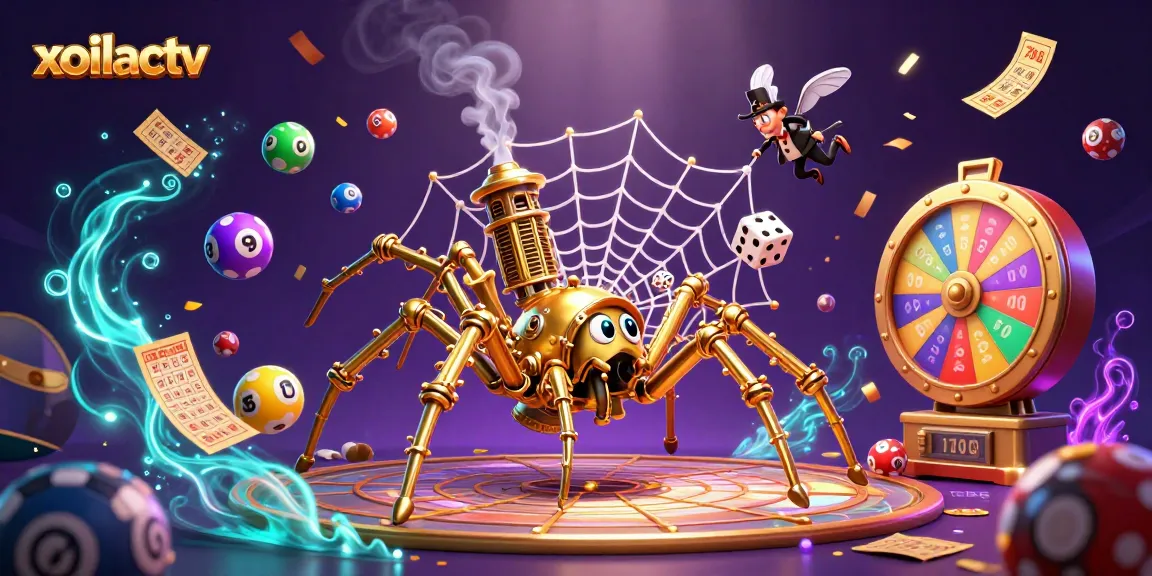 Xoilactv brings a whimsical scene of a steampunk spider with a web of fortune and luck in a vibrant lottery setting.