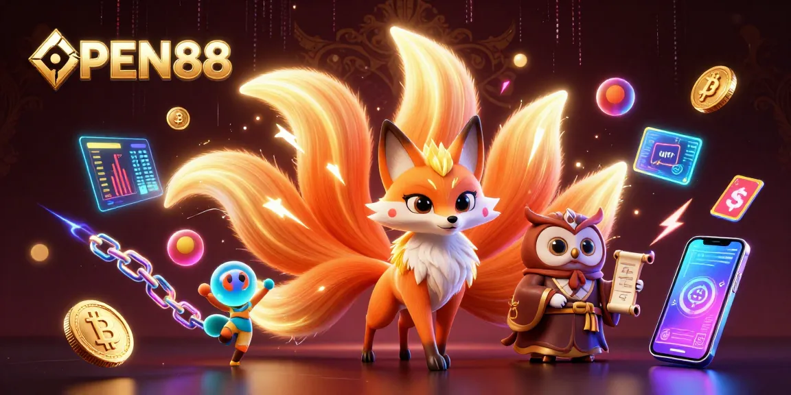 Experience thrilling gaming action with OPEN88, showcasing vibrant characters amidst glowing crypto elements.