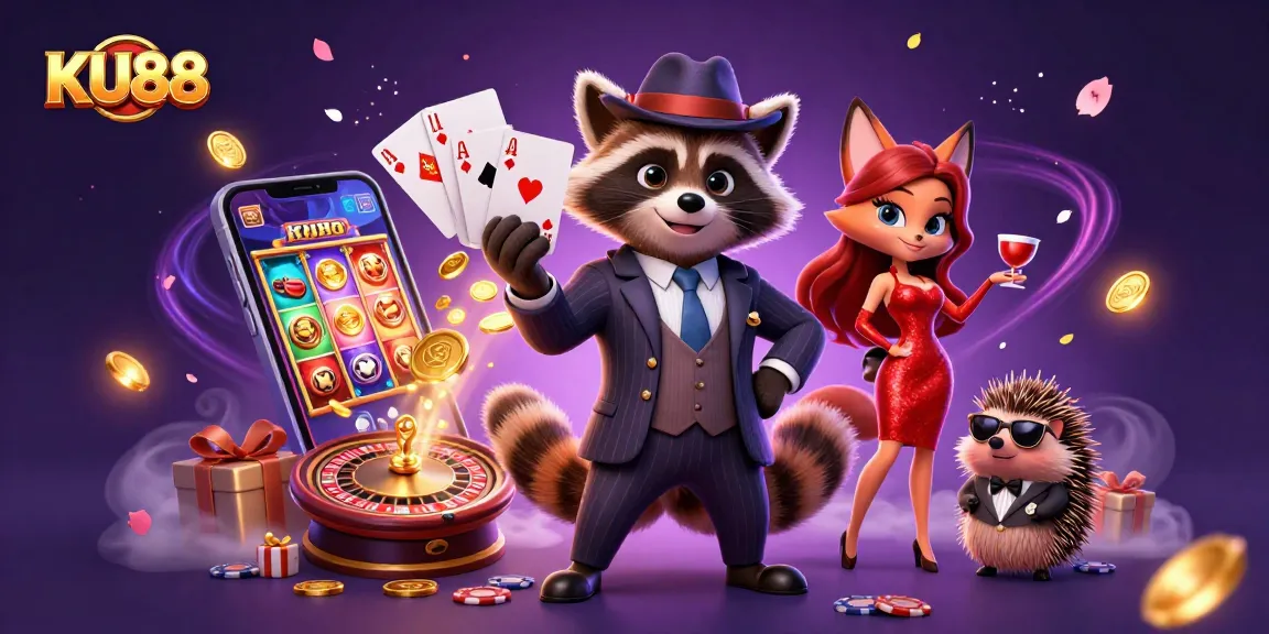 Engage in winning strategies at KU88 with a vibrant casino scene featuring characters and games.